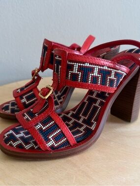 Tory Burch Florian Sandals Heels Tapestry Size 8